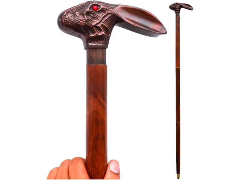 Vintage Rabbit Head Walking Cane with Red Eye Handle | Handcrafted Wooden Stick for Men & Women | Collectible Brass Handle Walking Stick | Victorian Steampunk Gift Cane by FYNJREX