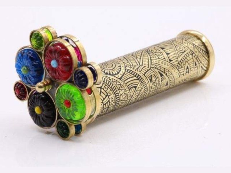 Handcrafted Brass Kaleidoscope for Adults & Kids with Floral Etched Tube, Dual Turning Wheels, Wooden Stand Decorative Gift
