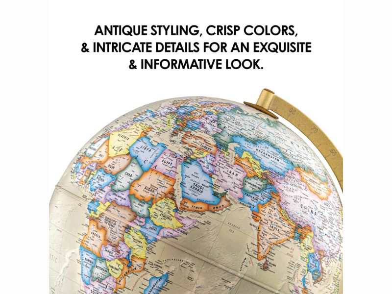 Vintage Decorative World Globe with Wooden Base & Brass Arc | 12-Inch Educational Desk Globe | Rotating Antique Style World Map | Office Study Home Decor Gift for Kids & Adults