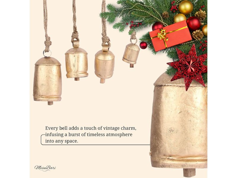 Rustic Lucky Cow Bells Set of 4 Handmade Vintage Wind Chime Gold Brass Hanging Bells with Rope for Outdoor Christmas, Farmhouse, Garden Decor, Home Decor