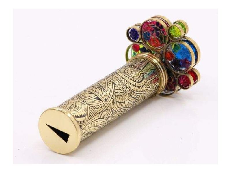 Handcrafted Brass Kaleidoscope for Adults & Kids with Floral Etched Tube, Dual Turning Wheels, Wooden Stand Decorative Gift