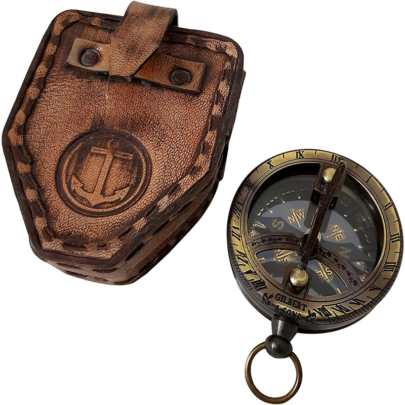 Brass Marine Sundial Compass with Handmade Brown Leather 2.5 Inches