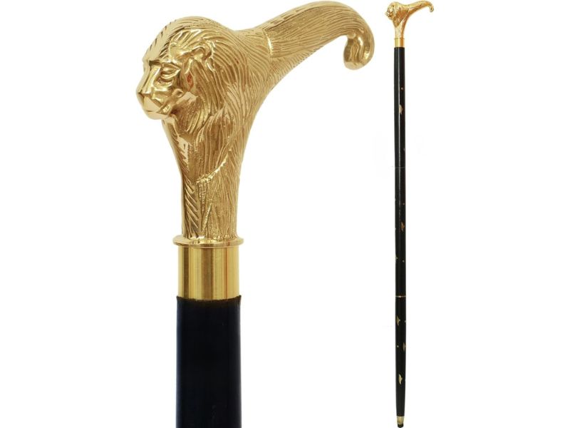 Vintage Lion Head Brass Handle Walking Stick for Men and Women – 3 Fold Wooden Cane – Antique Gold Finish – Collectible Decorative Walking Cane – Gift for Gentlemen, Seniors & Collectors