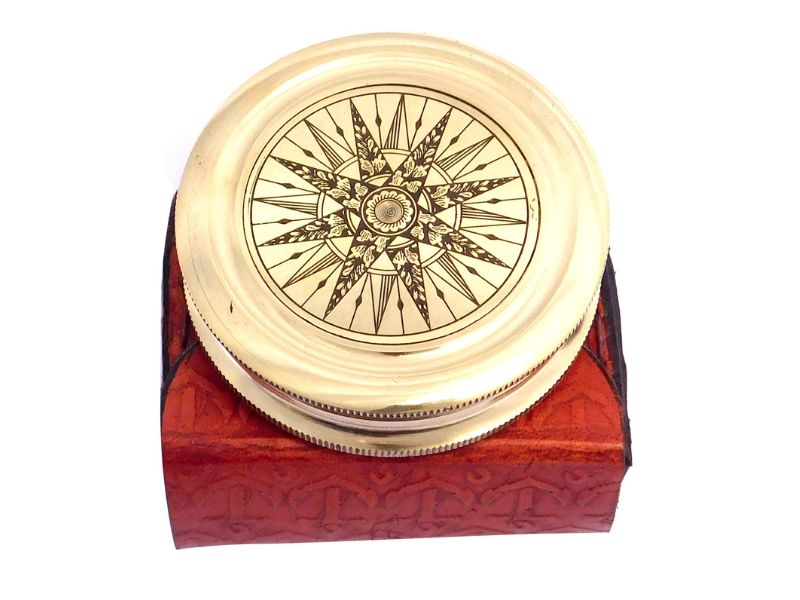 Handmade Brass Compass Engraved with Robert Frost Poem “The Road Not Taken” | Vintage Marine Compass with Leather Case | Inspirational Gift for Graduation, Son, Husband, Father