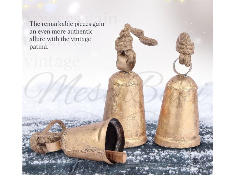 Handmade Set of 3 Vintage Brass Cone Cow Bells with Rope – Rustic Wind Chime & Door Chime, Nautical Theme Home Décor Bell for Garden, Patio, Wedding, Festival & Outdoor Decoration