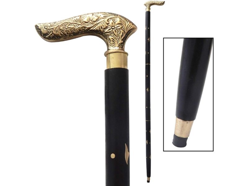 Vintage Floral Brass Handle Walking Cane for Men & Women – 37 Inch Wooden Walking Stick with Solid Brass Embossed Handle – Antique Style Cane, Gentleman Gift, Decorative Collector’s Piece