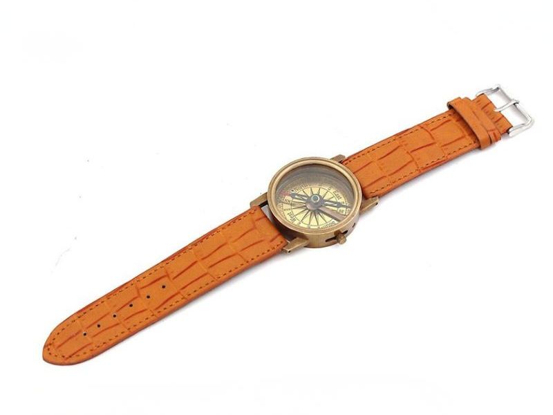 Vintage Brass Wrist Compass with Orange Leather Strap | Handmade Nautical Direction Watch Style Compass for Travel, Hiking, Gifts & Home Decor