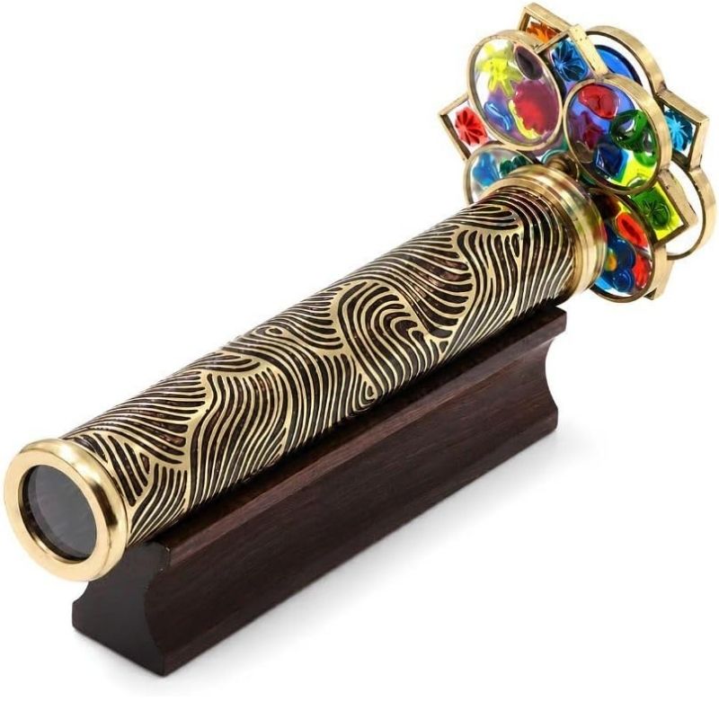Brass Swirl Tunnelscope Kaleidoscope with Protective Lacquer Coating, Rotating Colourful Resin Wheel and Solid Wooden Display Stand, Vintage Decorative Optical Gift