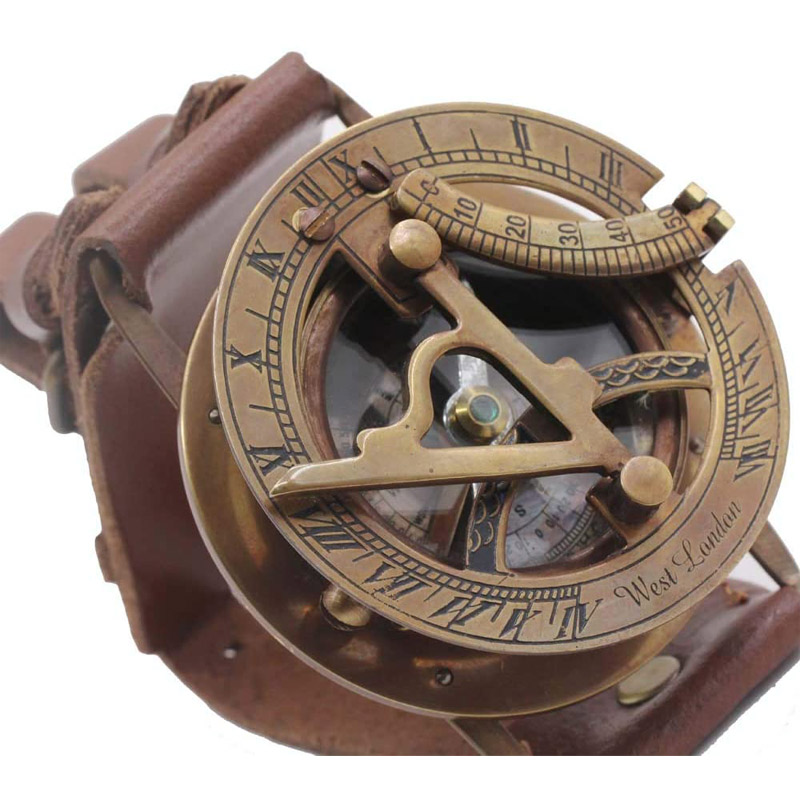 Antique Nautical Vintage Directional Magnetic Sundial Clock Wrist Marine Compass Navitron Steampunk Baptism Gifts with Leather Wrist Single Band for Loved Ones, Love, Fiancé 2.5 inches