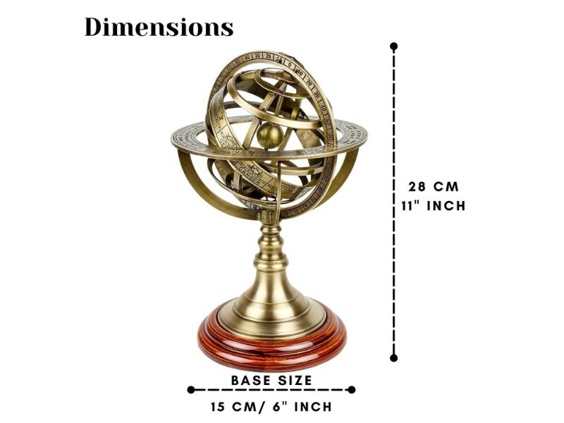 Antique Brass Armillary Sphere Globe 11 Inch | Premium Polished Finish, Wooden Base | Vintage Nautical Celestial Globe Decor | Tarnish Resistant Astronomical Model | Ideal Gift for Home Office Study