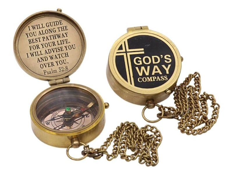 God’s Way Compass – Solid Brass Engraved Compass with Psalm 32:8 Scripture | Christian Gift for Boys & Girls | Baptism, First Communion, Confirmation, Catholic Gift for Men | Faith Keepsake Compass