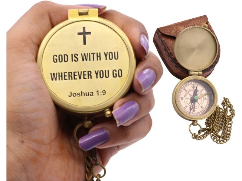 God’s Way Compass, Psalm 32:8 Engraved Solid Brass Directional Compass with Leather Case, Baptism Gifts for Boys & Girls, Christian Gifts for Men, First Communion & Confirmation Gifts
