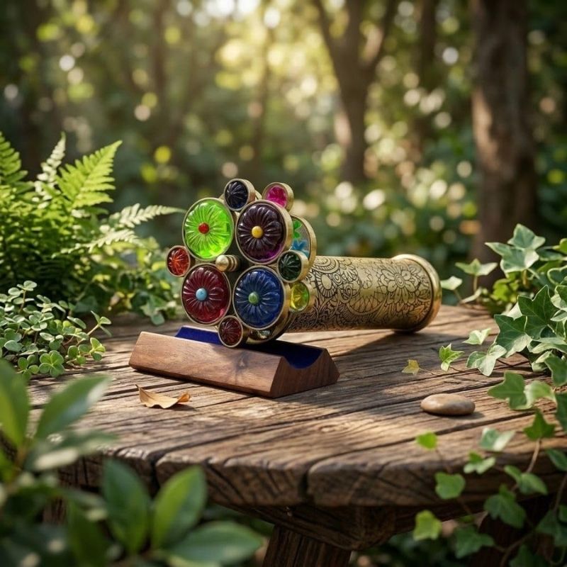 Handcrafted Etched Floral Pattern Lacquered Brass Kaleidoscope Includes Two Separate Turning Wheels-A Perfect Addition to any Collection. (7 x1.5 inch)