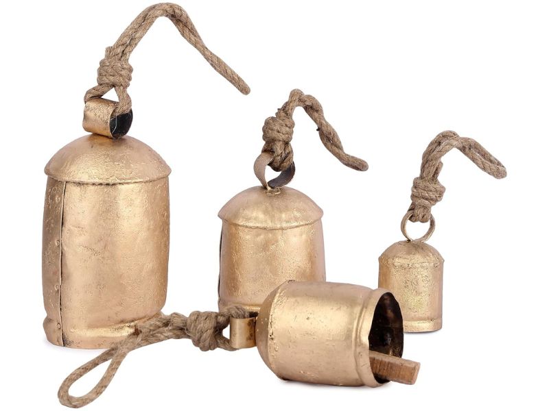 Rustic Lucky Cow Bells Set of 4 Handmade Vintage Wind Chime Gold Brass Hanging Bells with Rope for Outdoor Christmas, Farmhouse, Garden Decor, Home Decor