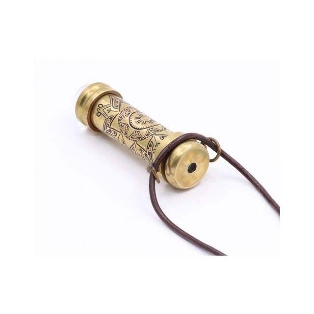 Handmade Brass Teleidoscope/Kaleidoscope Pendant Necklace with Etched Mandala Pattern, Pocket Scope Locket with Leather Cord