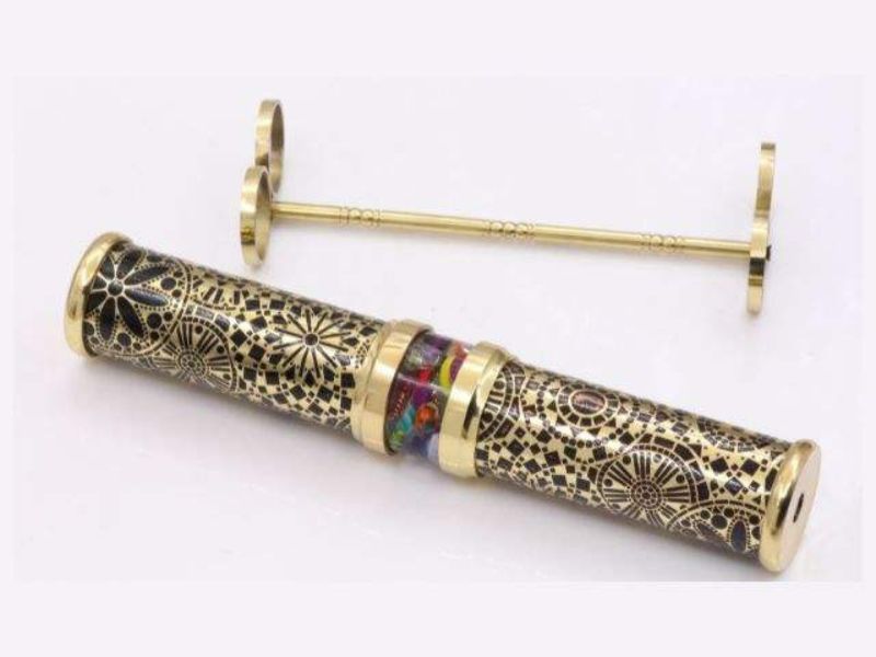 Dual Side Handmade Brass Wedding Kaleidoscope with Intricate Etched Design, Colorful Glass Bead Chamber Decorative Display Stand
