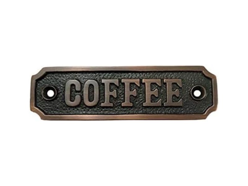 Vintage Brass “COFFEE” Sign Plate – Solid Cast Metal Label for Kitchen, Coffee Bar, Pantry, or Café Décor | Antique Finish Wall Plaque with Screws | Rustic Farmhouse Style Coffee Station Sign
