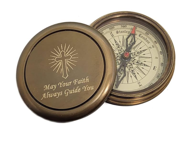 Personalized Religious Antique Brass Desk Compass in Wood Box with Laser Engraved Cross for Baptism, Confirmation, Missionary, Birthday Gifts