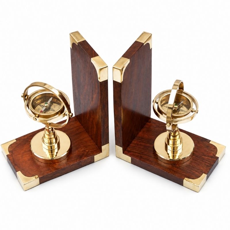 Handmade Wooden Brass Gimbal Compass Bookends Set | Nautical Maritime Office Desk Library Decor