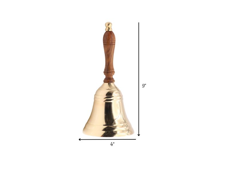 Large & Heavy Loud Gold Hand Bell for Weddings, Christmas & School – Solid Polished Brass Hand Call Bell with Wooden Handle – Vintage Service, Reception & Ceremony Bell – Handmade Brass Décor