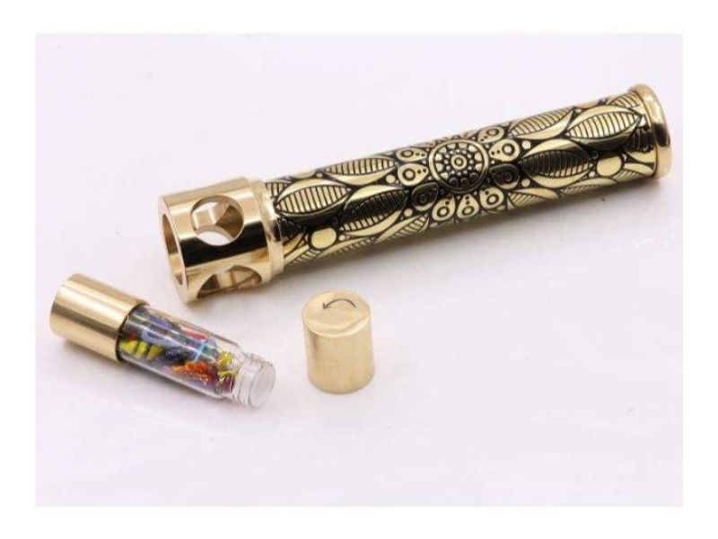 Handmade Brass Trio Kaleidoscope with 3 Interchangeable DIY Fillable Cells Unique Optical Art Toy with Wooden Display Stand