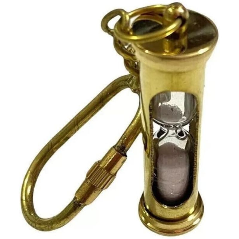 Brass Hourglass Keychain, Antique Finish, Sand Timer, Nautical Style, Carabiner Key Ring