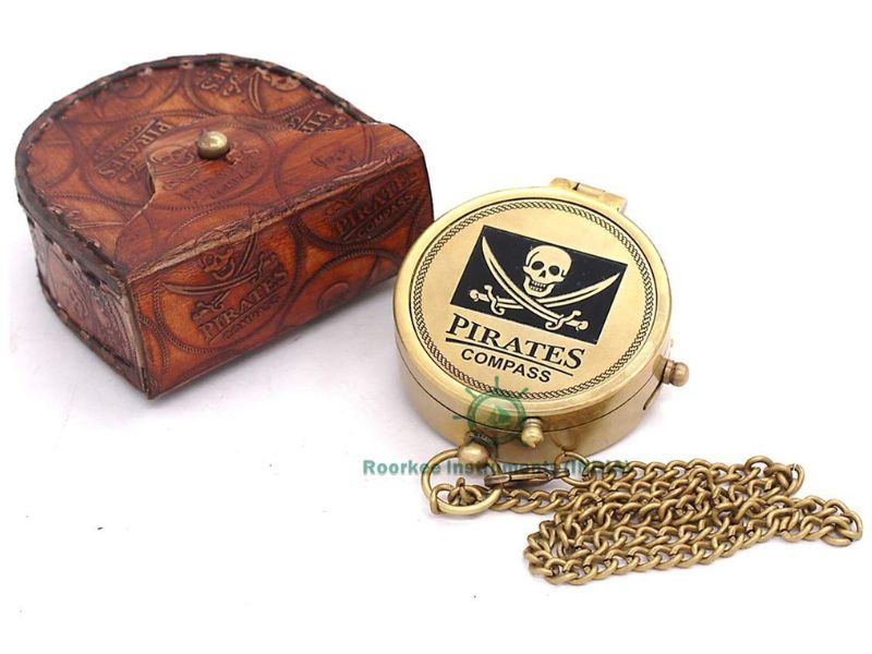Solid Brass Pirate Compass with Stamped Leather Case – Handcrafted Nautical Vintage Compass for Adventure Lovers, Gift for Men, Boys, Travelers, and Collectors – Maritime Pirate Navigation Gift