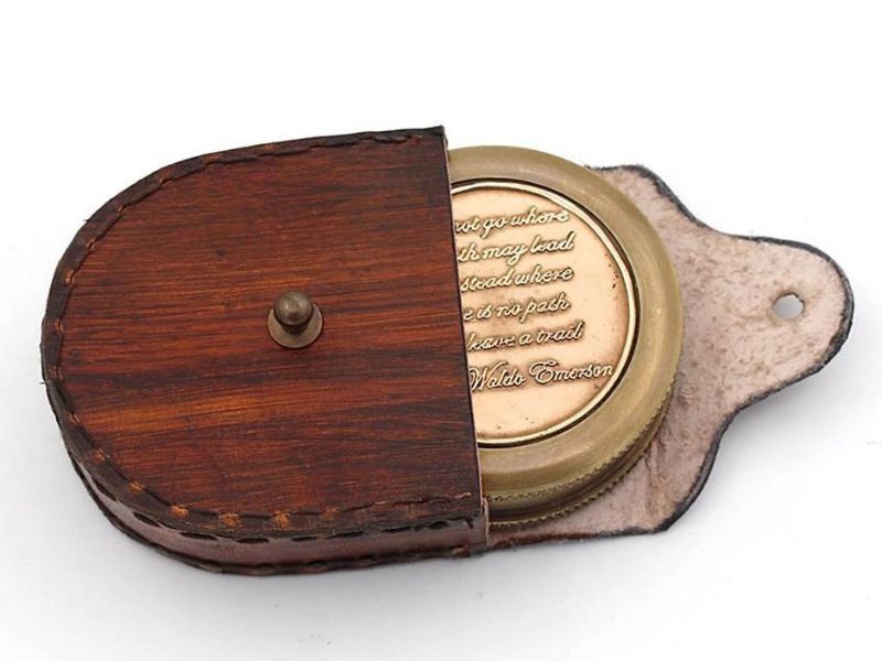 Ralph Waldo Emerson Quote Compass – “Do Not Go Where The Path May Lead” Engraved Brass Compass with Wooden Leather Case, Inspirational Graduation Gift, Adventure Keepsake for Men, Women, Son, Daughter