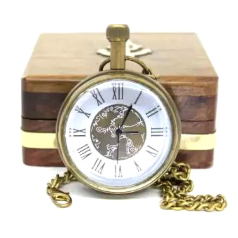 Handmade Antique Pocket Watch with Anchor Wooden Box