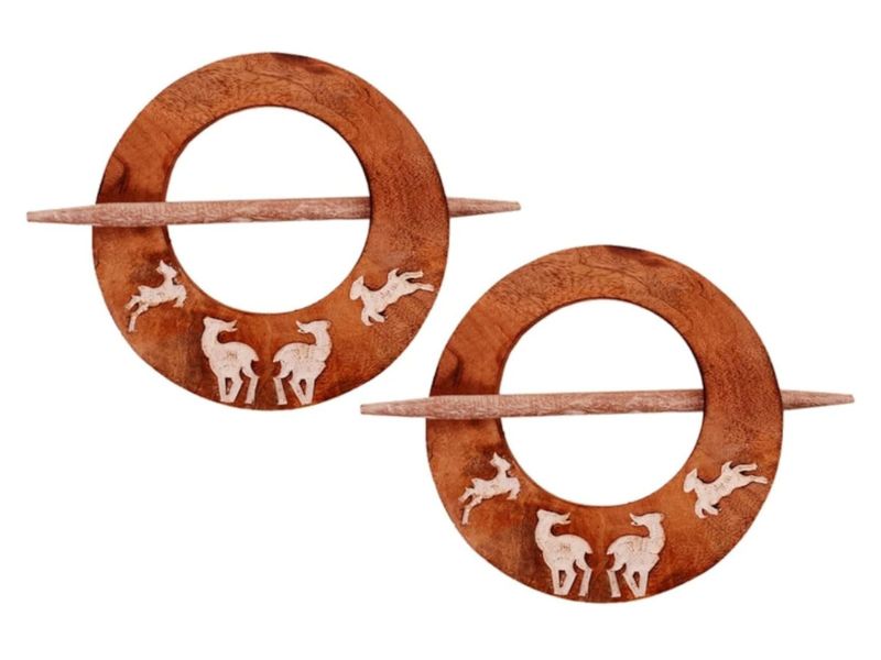 Purpledip Wooden Curtain Holder Tie Back Drape Clips \'Flying Deers\' – Decorative Window Curtain Holdbacks for Living Room, Bedroom, or Office – Handcrafted Wall Hooks (Set of 2)