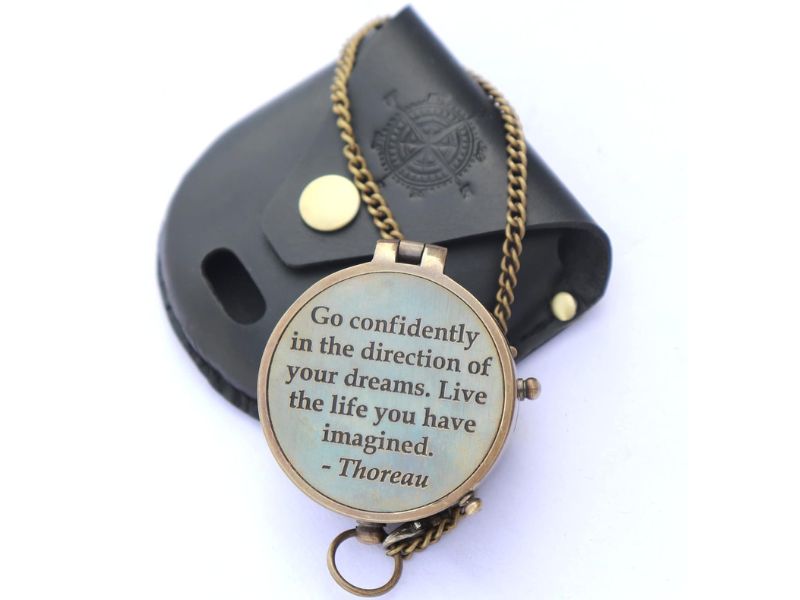 Solid Brass Compass Engraved with Thoreau’s “Go Confidently” Quote | Working Directional Camping Compass with Stamped Leather Case | Adventure, Graduation, Christmas & Anniversary Gift for Him