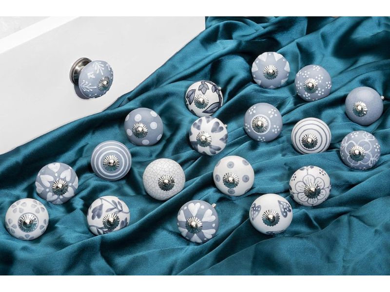 Set of 12 Rare Grey, White & Cream Hand Painted Ceramic Knobs – Vintage Decorative Cabinet Drawer Pulls for Kitchen, Cupboard, Dresser, Furniture Handles with Screws