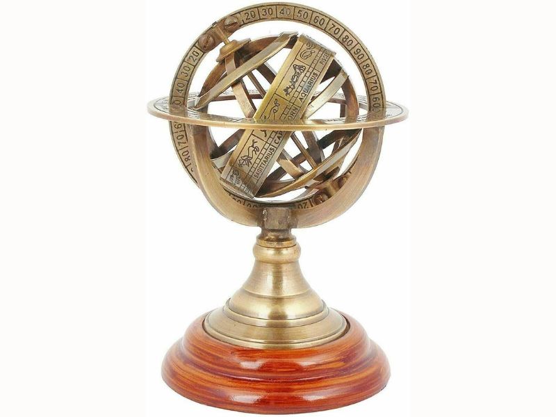 Antique Style Brass Armillary Sphere Astrolabe Globe on Wooden Base | Nautical Marine Celestial Globe (Brown, Medium) | Vintage Home Office Study Decoration & Gift Collectible