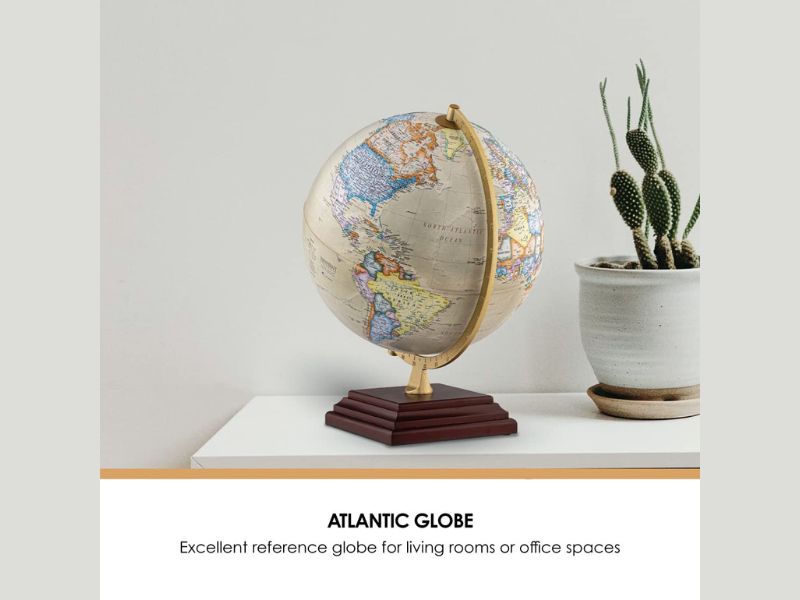 Vintage Decorative World Globe with Wooden Base & Brass Arc | 12-Inch Educational Desk Globe | Rotating Antique Style World Map | Office Study Home Decor Gift for Kids & Adults