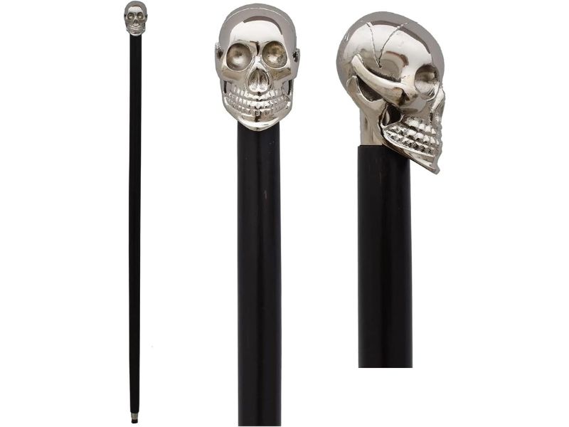 Brass Walking Stick Unique Knob Skull Head Walking Stick Cane Victorian Wooden Cane, Black and Silver, Skull Handle Vintage Style