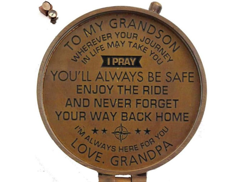 To My Grandson Compass – Solid Brass Engraved Compass with Leather Case, Inspirational Quote “Enjoy The Ride” Gift from Grandpa, Vintage Pocket Compass Keepsake for Graduation, Birthday, Christmas