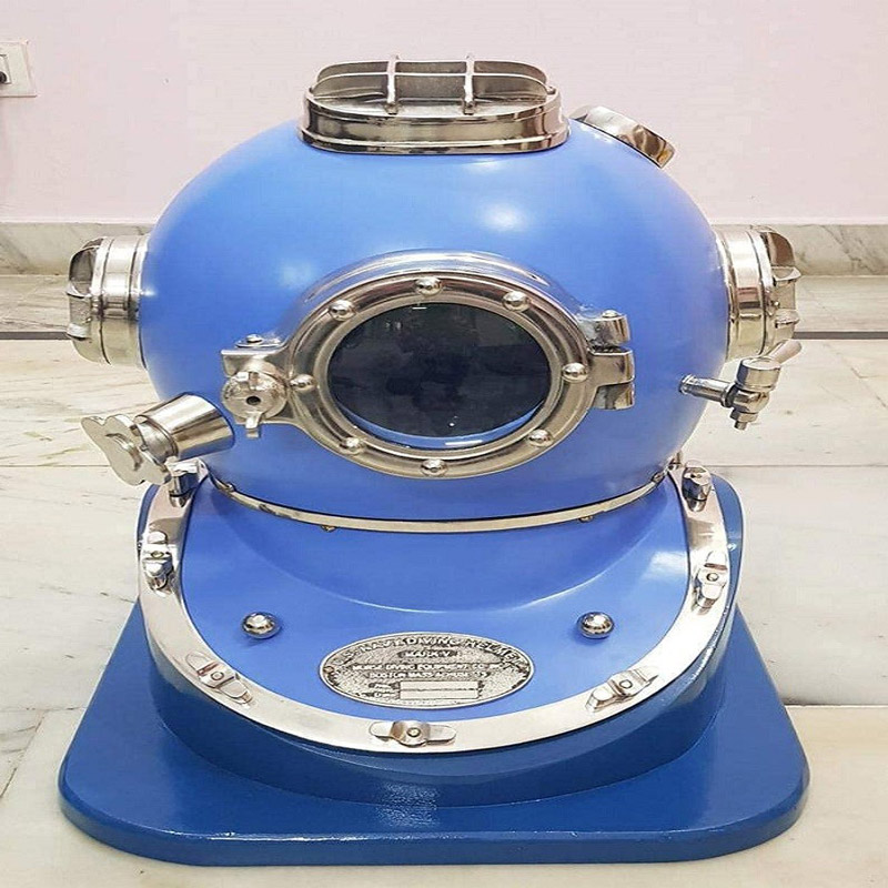 Hand Crafted Blue Copper Scuba Morse Boston Brass Diving Helmet US Navy Divers Helmet with Heavy Duty Wooden Stand