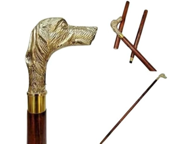 Vintage Brass Dog Head Walking Cane – Wooden Shaft 36\