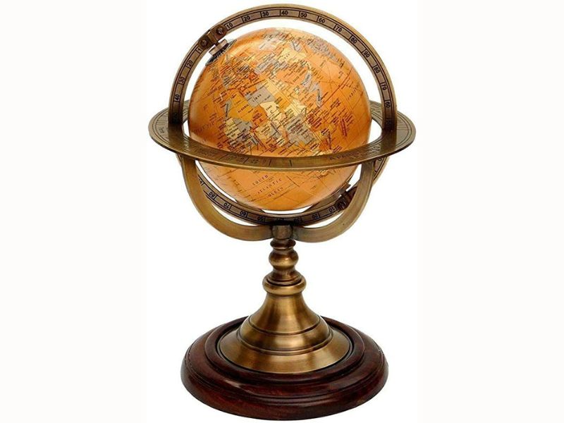 Antique Brass Armillary Sphere Globe | Vintage Nautical Astrolabe Celestial Globe with Wooden Base | Zodiac Engraved Rotating Globe for Home Office Décor | Maritime Collectible Showpiece