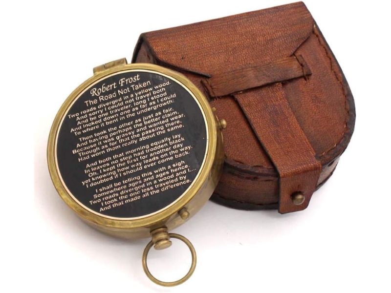 Robert Frost “The Road Not Taken” Brass Compass with Leather Case, Inspirational Poem Engraved Gift, Graduation Gift for Men, Women, Son, Husband, Traveler, Motivational Keepsake Compass