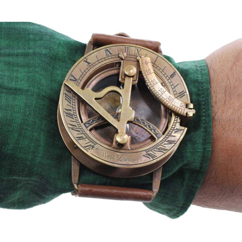 Antique Nautical Vintage Directional Magnetic Sundial Clock Wrist Marine Compass Navitron Steampunk Baptism Gifts with Leather Wrist Single Band for Loved Ones, Love, Fiancé 2.5 inches