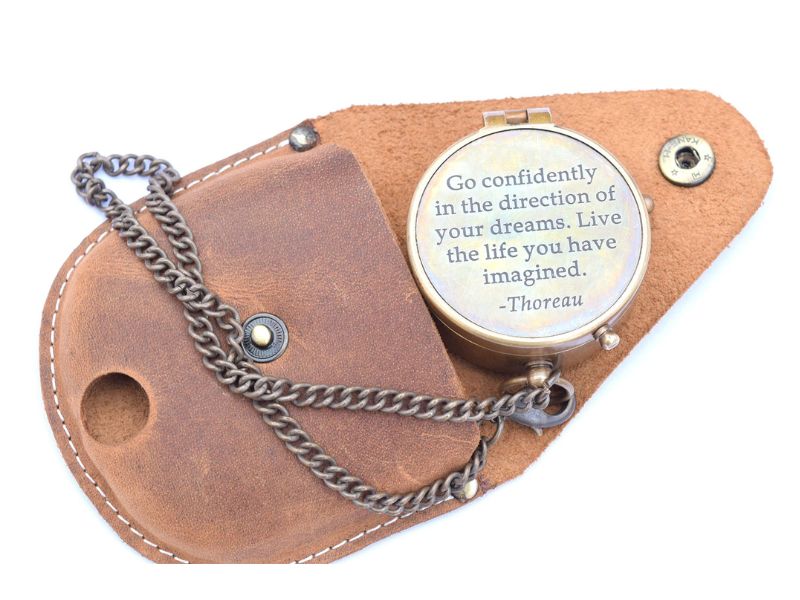 Thoreau’s “Go Confidently” Engraved Brass Compass with Stamped Leather Case | Inspirational Quote Compass | Graduation Gift for Him, Son, Husband | Motivational Adventure Gift
