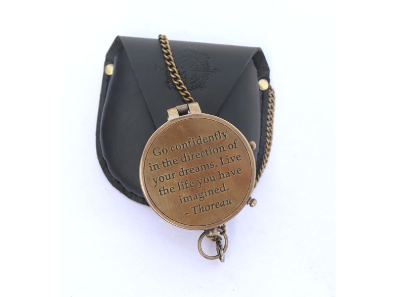 Solid Brass Compass Engraved with Thoreau’s “Go Confidently” Quote | Working Directional Camping Compass with Stamped Leather Case | Adventure, Graduation, Christmas & Anniversary Gift for Him