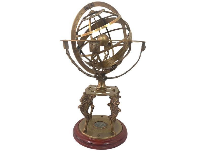 Antique Brass Armillary Sphere Globe with Compass Base | Astronomical Instrument Model | Vintage Celestial Globe for Office Desk, Home Décor, Study Table | Handmade Nautical Gift