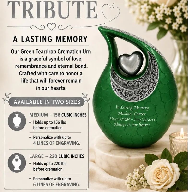 Green Teardrop Cremation Urn with Photo, Engraved Memorial Ashes Urn