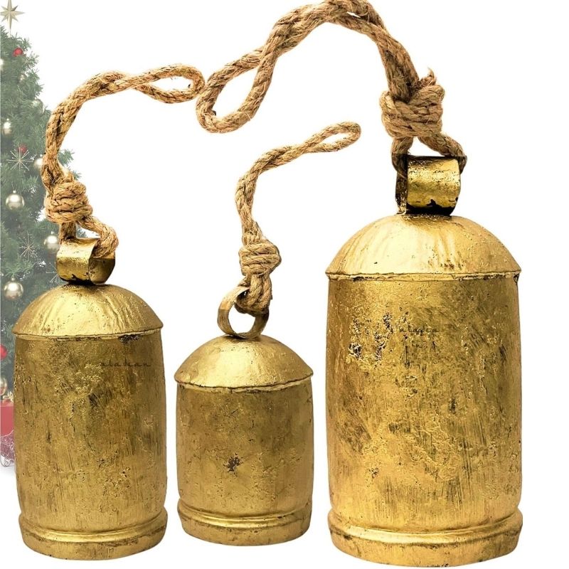 Decorative Cow Bells Set of 3 Large Harmony Bells - Vintage Giant Christmas Bells, Country Rustic Cowbell on Jute Rope XL Hanging Lucky Golden Bells (4"-6"-8")