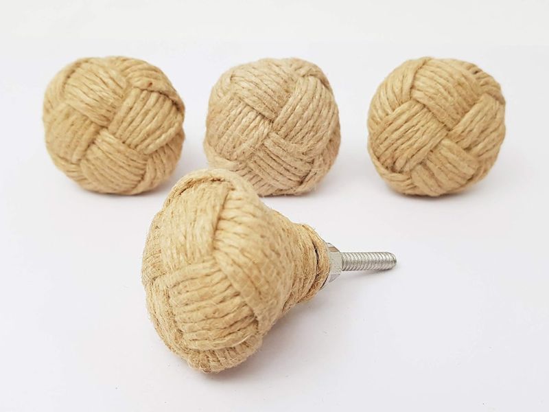 Handmade Jute Rope Knot Drawer Knobs (Set of 4) – 35mm Nautical Cabinet Pull Handles for Wardrobe, Dresser, Kitchen Cupboard – Rustic Coastal Vintage Décor Hardware