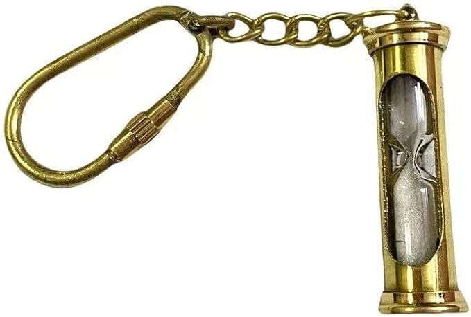 Brass Hourglass Keychain, Antique Finish, Sand Timer, Nautical Style, Carabiner Key Ring