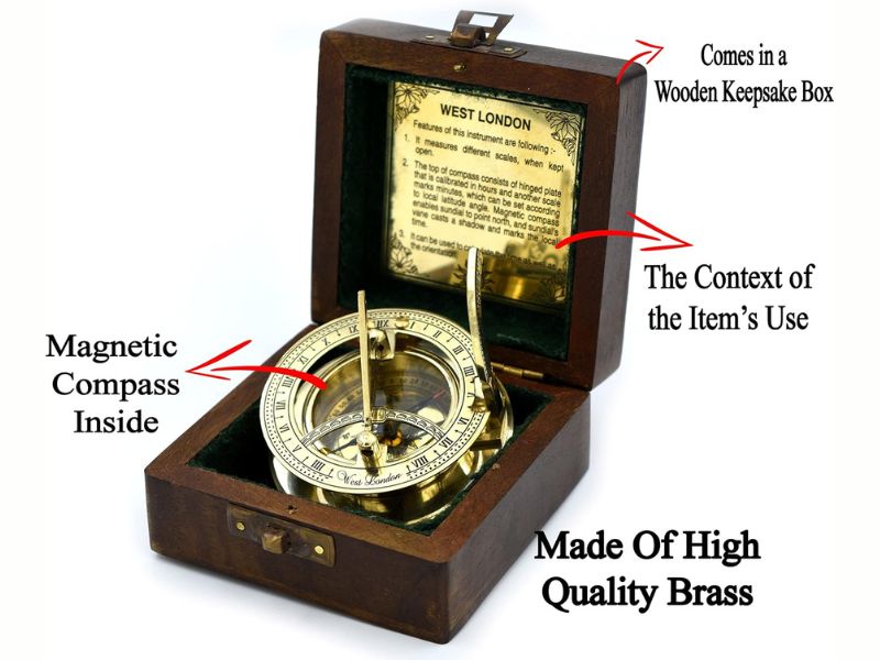 Brass Sundial Compass with Wooden Box | Antique Nautical Working Compass Engraved “West London” | Vintage Maritime Navigation Instrument | Collectible Gift for Explorer, Sailor &amp; Traveler