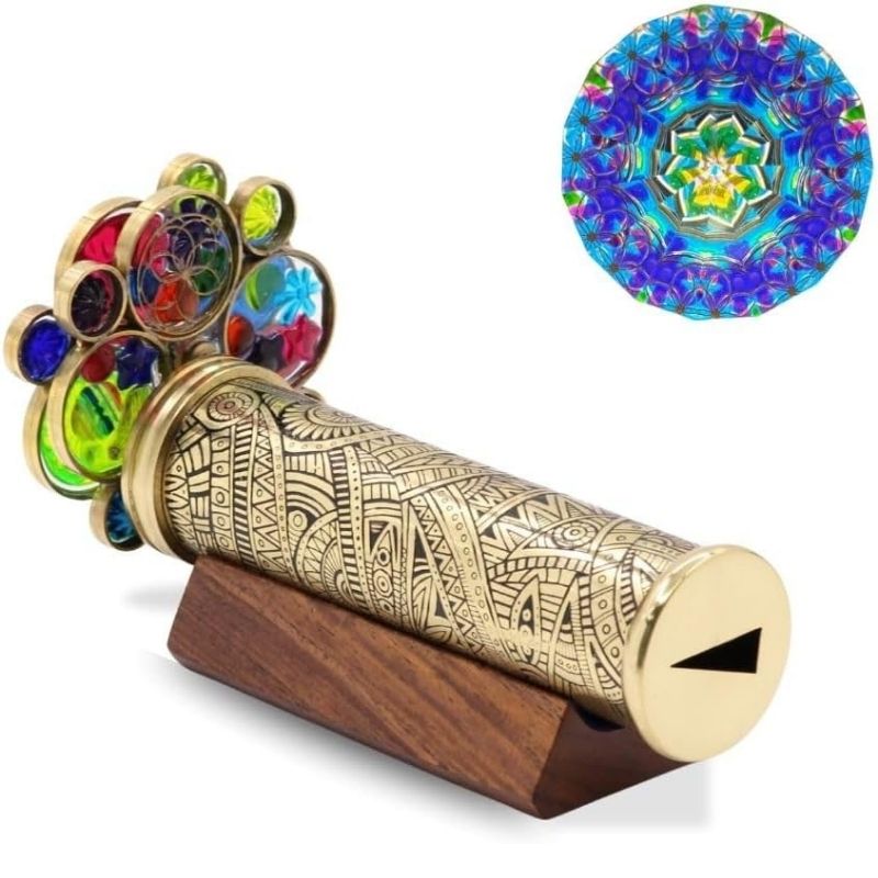 Handmade Tribal Brass Kaleidoscope with Etched Design, 2 Resin Bead Wheels, Lacquer Finish, Wood Stand & Gift Box – A Unique Collectible Gift for Adults (Two Mirror System)